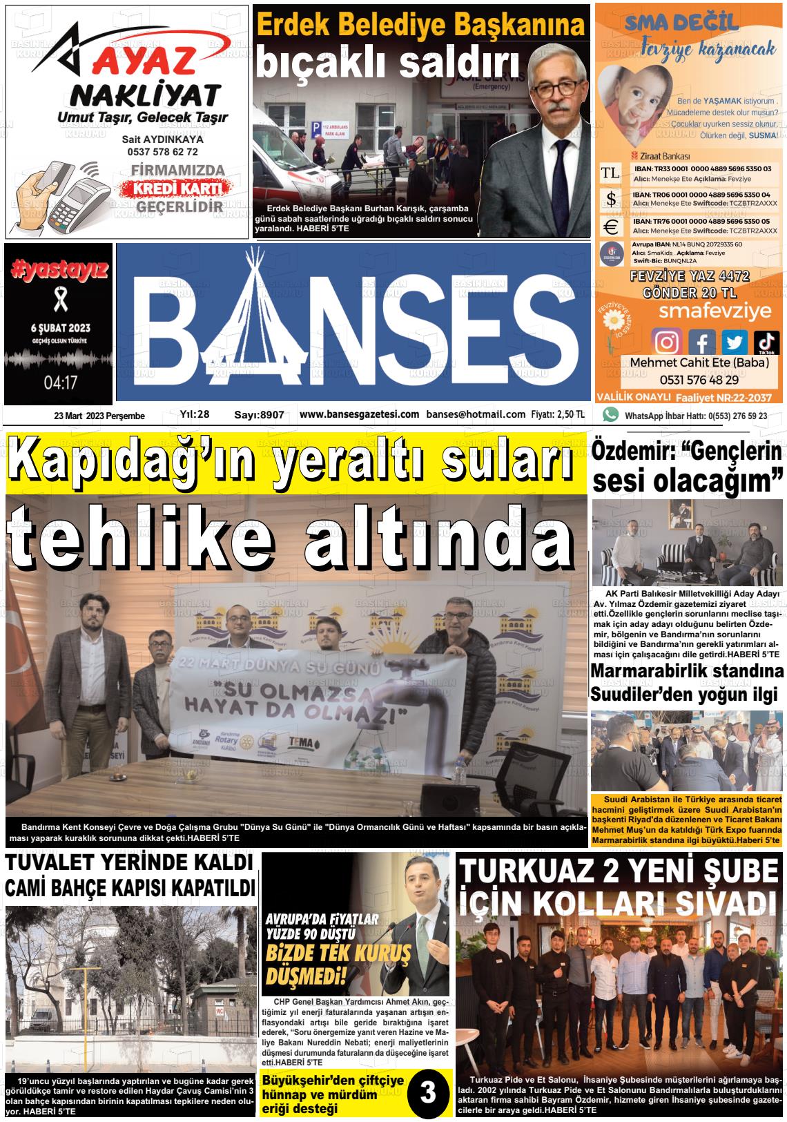 23 Mart 2023 Banses Gazete Manşeti