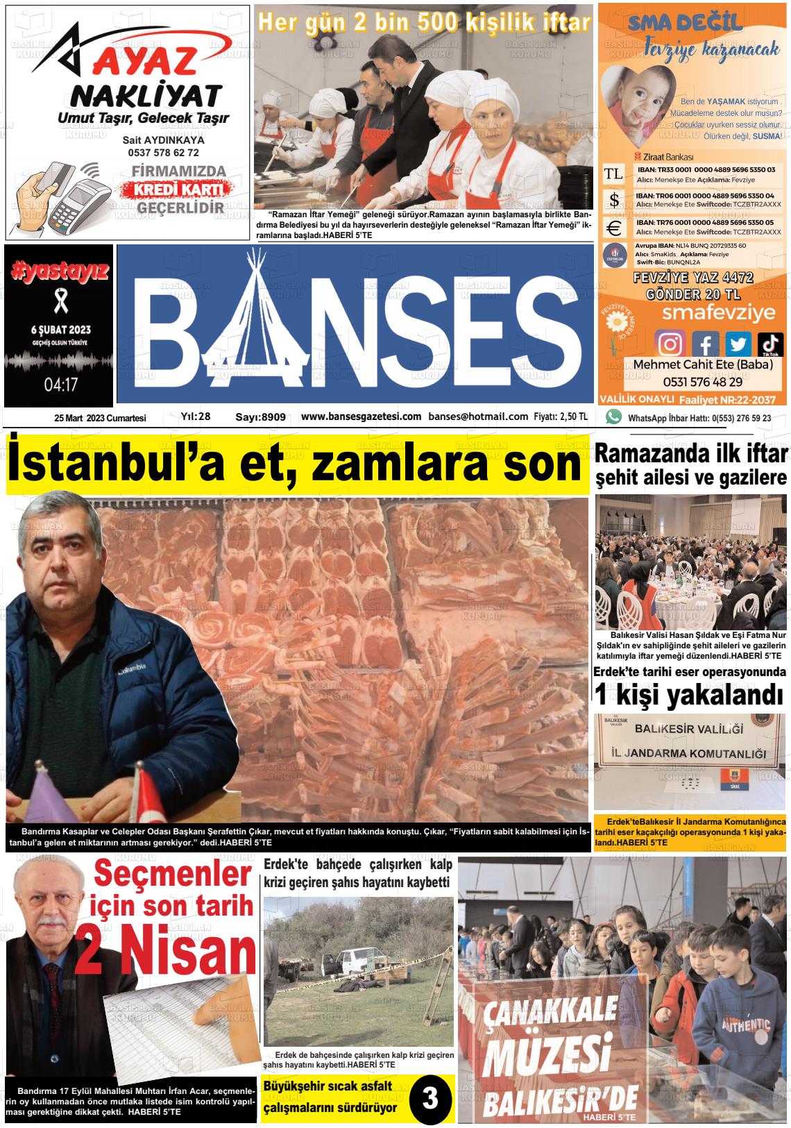 25 Mart 2023 Banses Gazete Manşeti