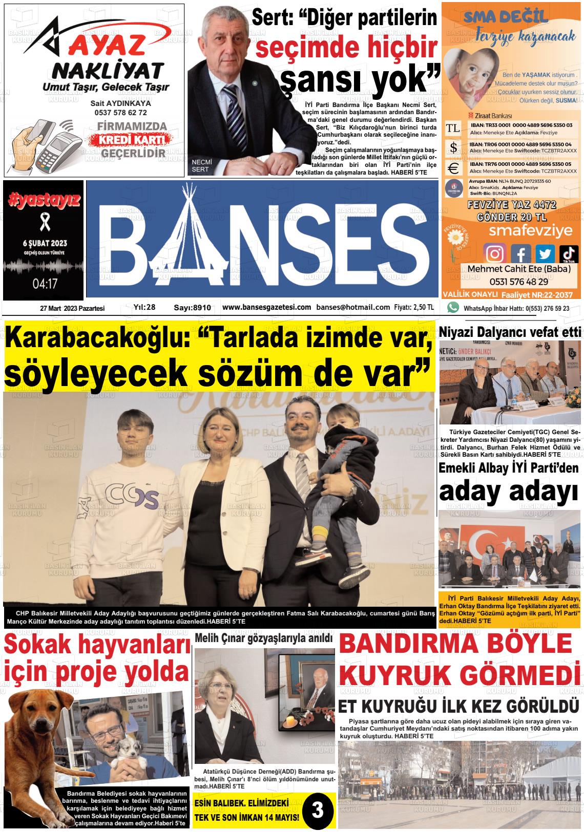 27 Mart 2023 Banses Gazete Manşeti