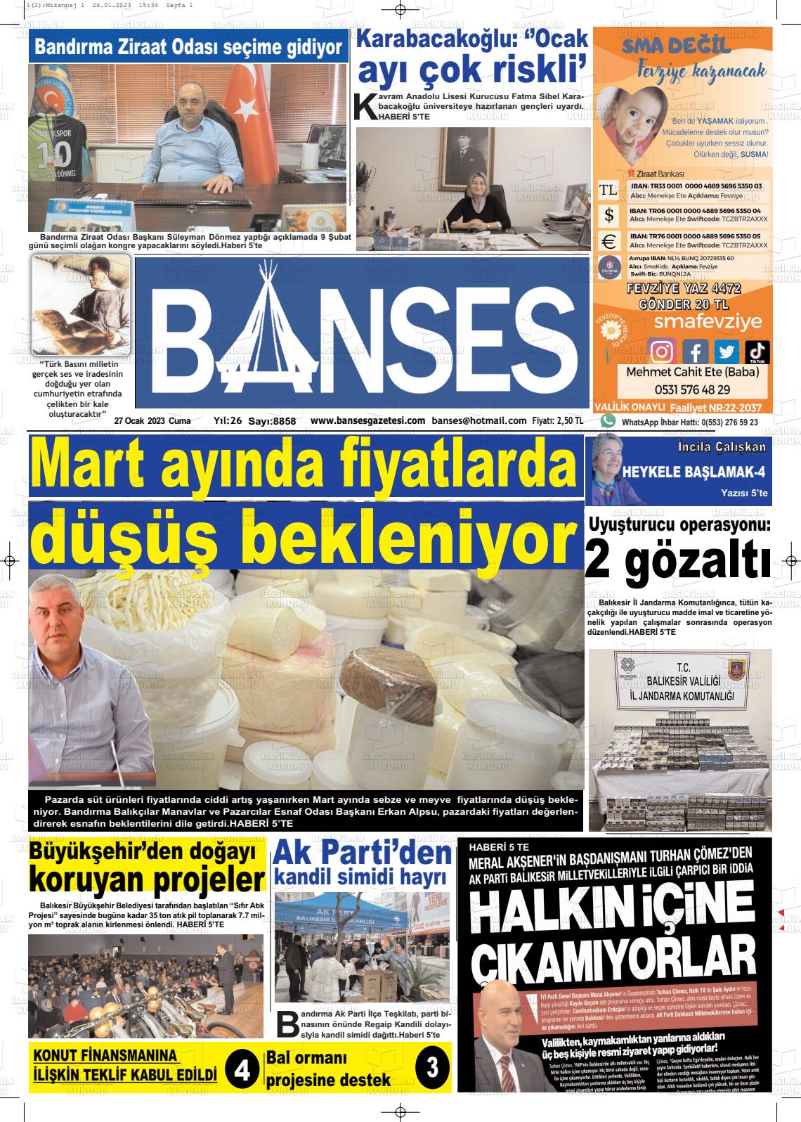 27 Ocak 2023 Banses Gazete Manşeti
