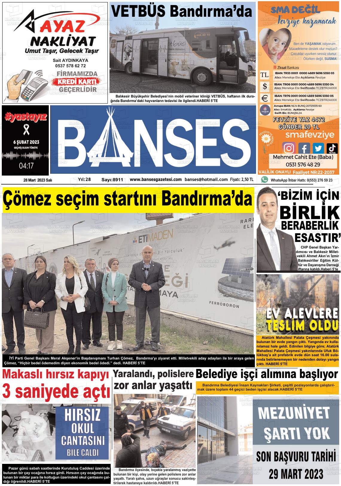 28 Mart 2023 Banses Gazete Manşeti
