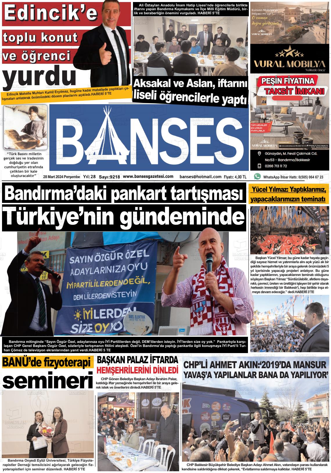 28 Mart 2024 Banses Gazete Manşeti