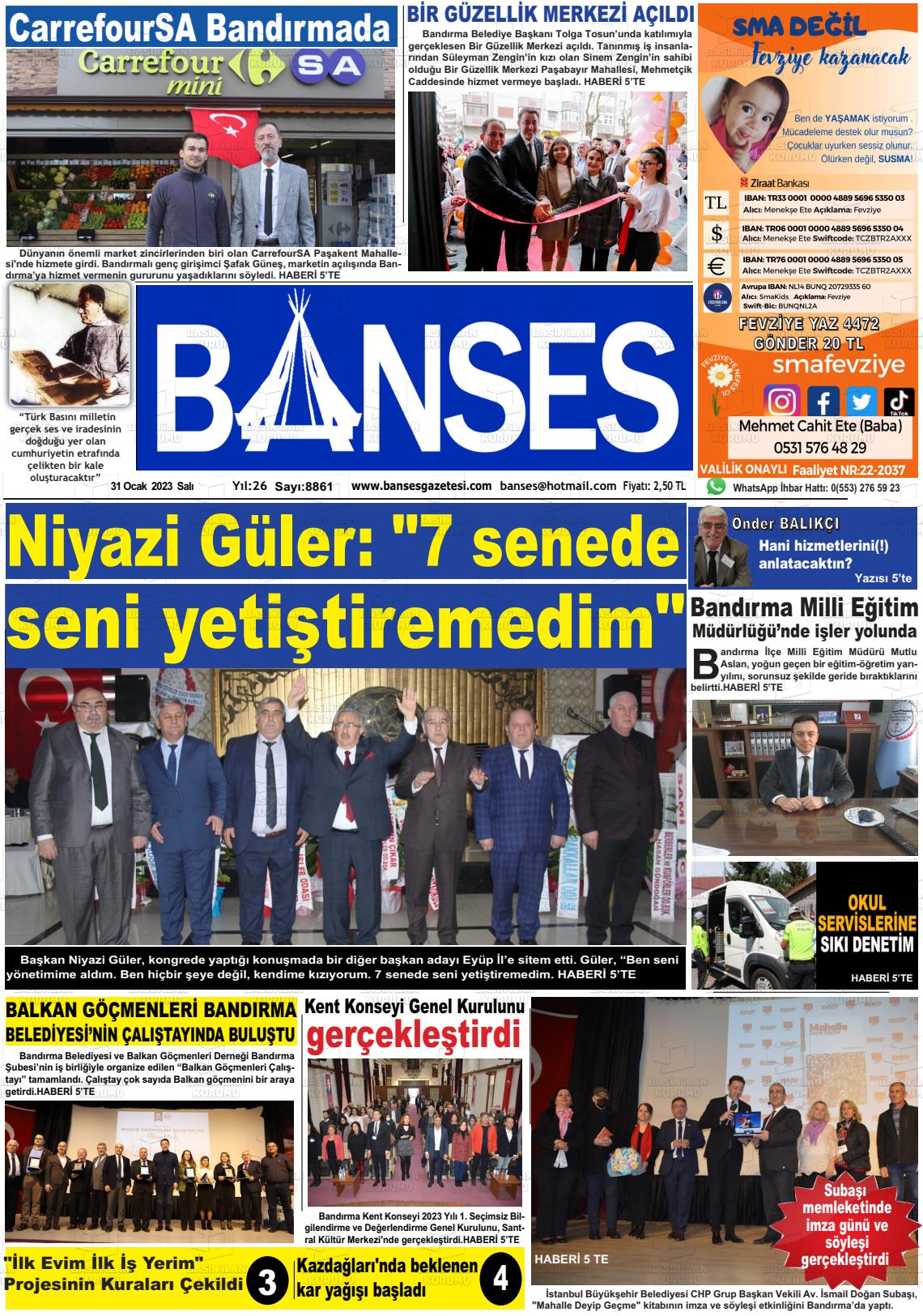 31 Ocak 2023 Banses Gazete Manşeti