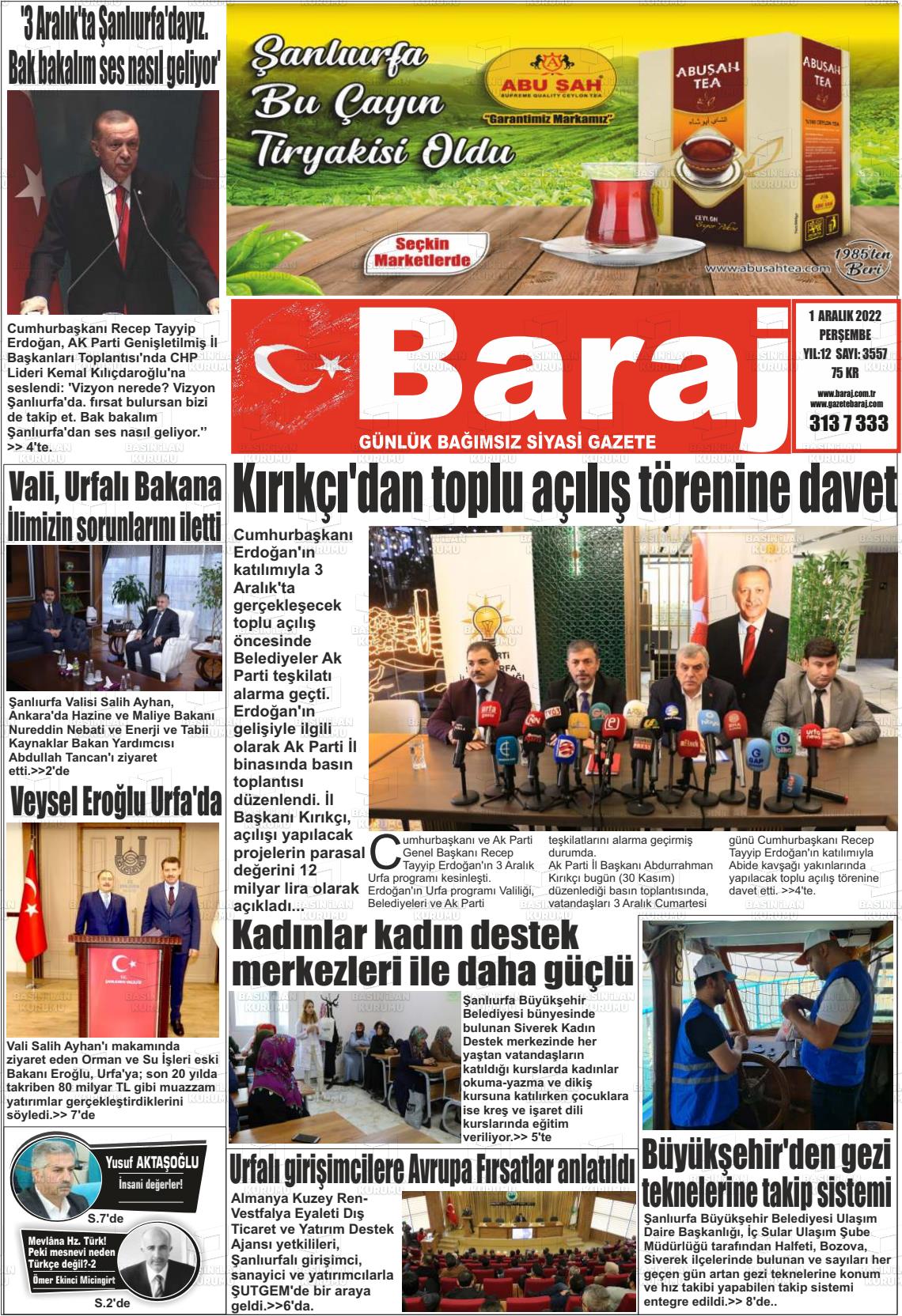 01 Aralık 2022 Baraj Gazete Manşeti