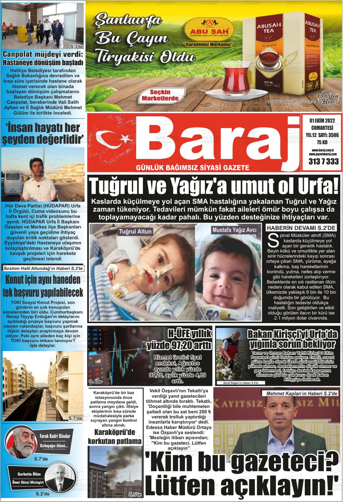 01 Ekim 2022 Baraj Gazete Manşeti