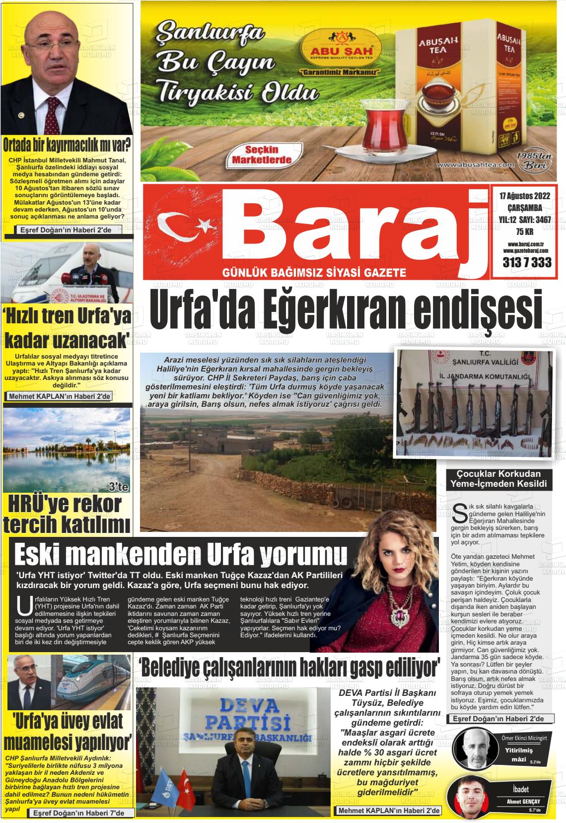 17 Ağustos 2022 Baraj Gazete Manşeti