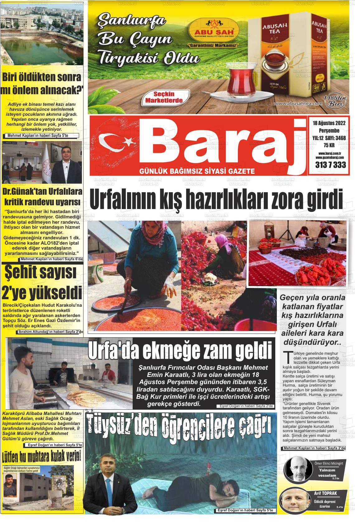 18 Ağustos 2022 Baraj Gazete Manşeti