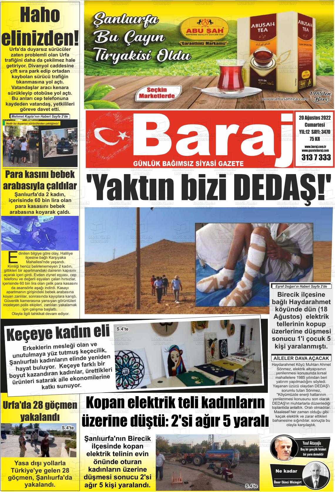 20 Ağustos 2022 Baraj Gazete Manşeti