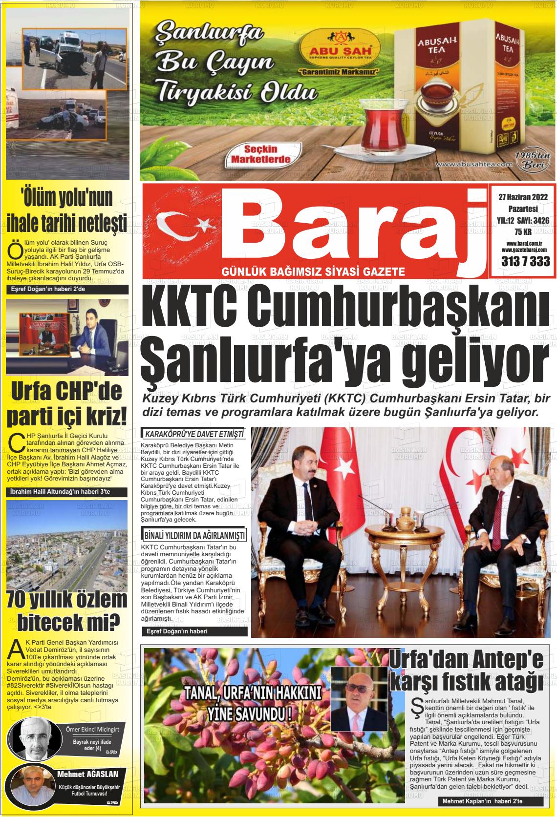 27 Haziran 2022 Baraj Gazete Manşeti