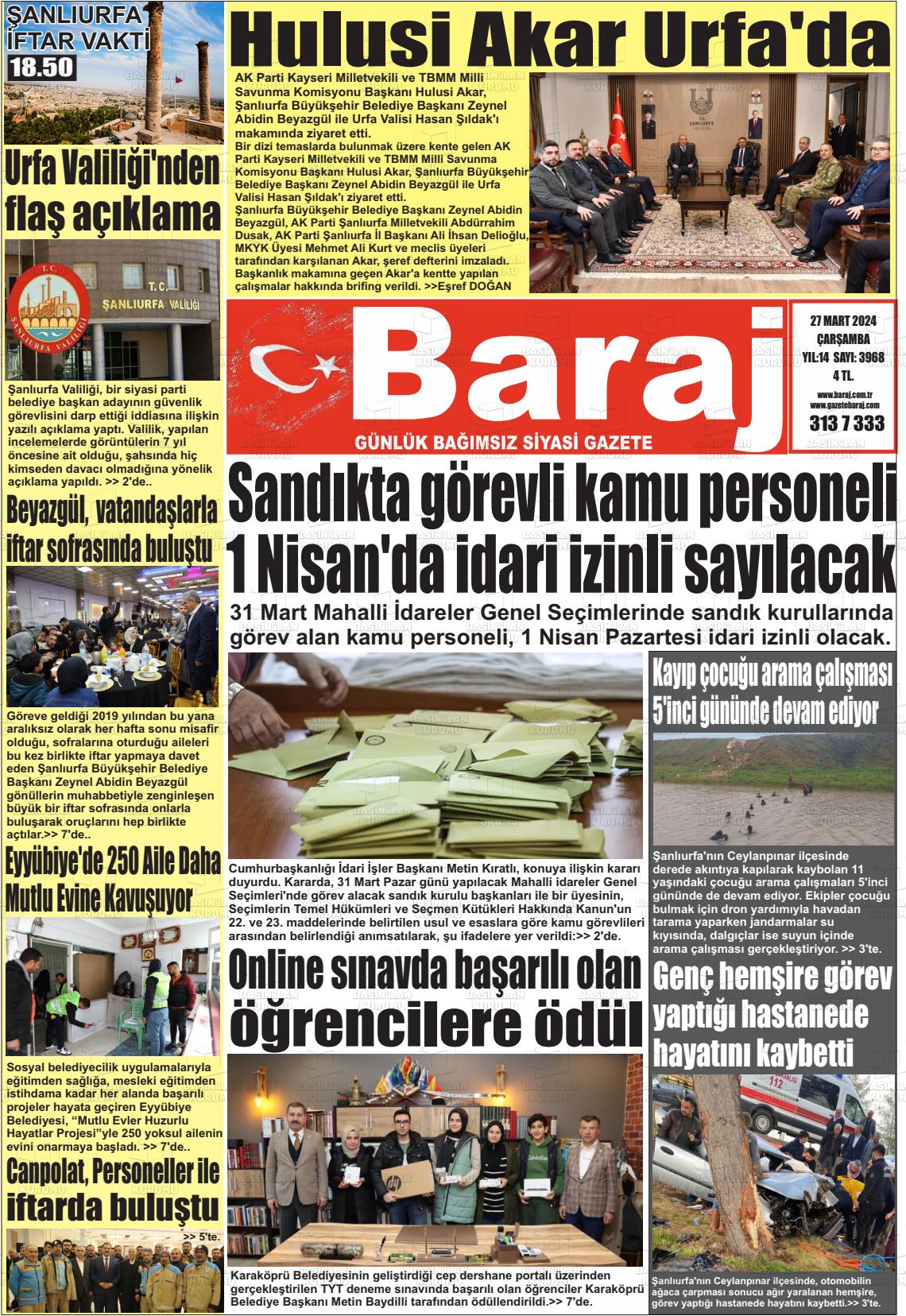 27 Mart 2024 Baraj Gazete Manşeti