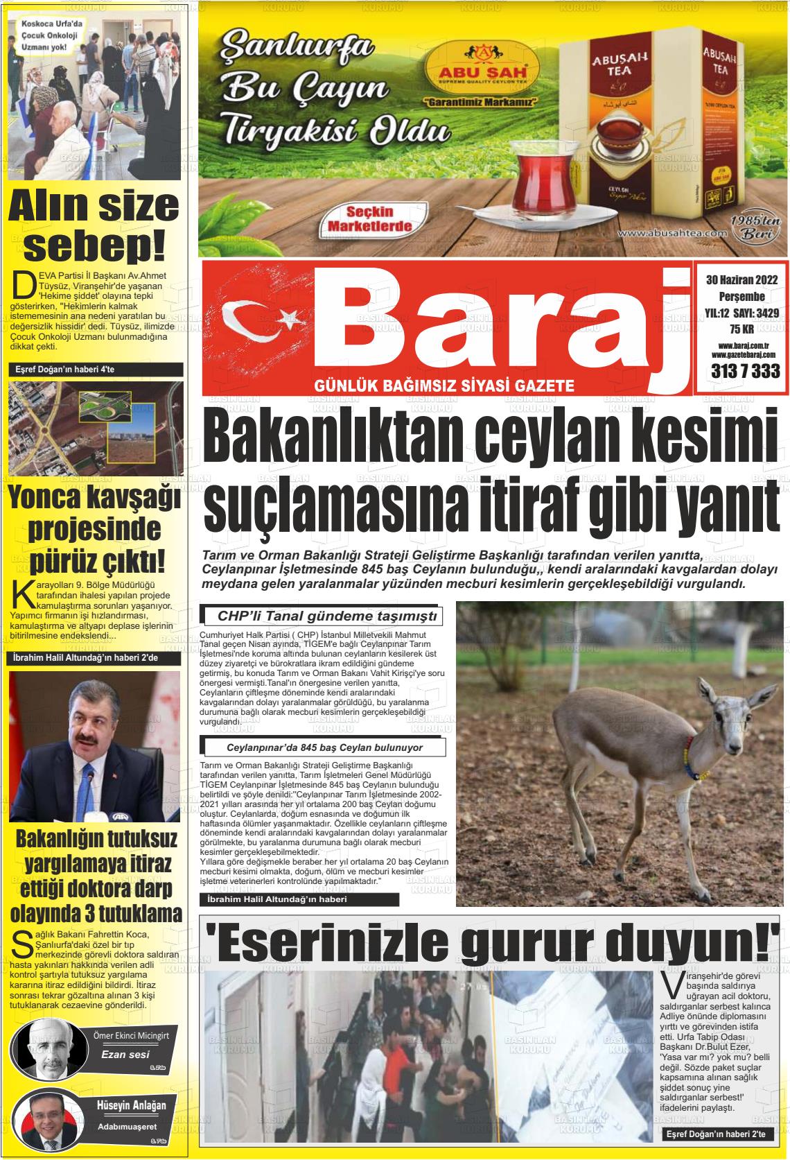 01 Temmuz 2022 Baraj Gazete Manşeti