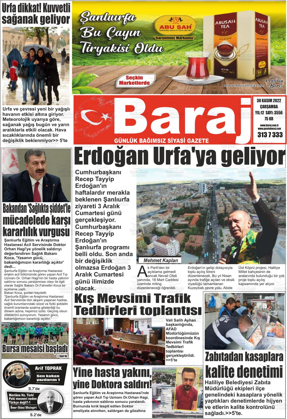 30 Kasım 2022 Baraj Gazete Manşeti
