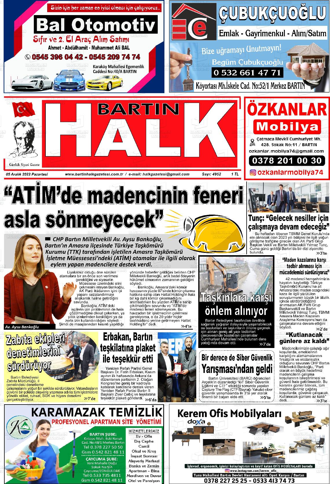 05 Aralık 2022 Bartın Halk Gazete Manşeti
