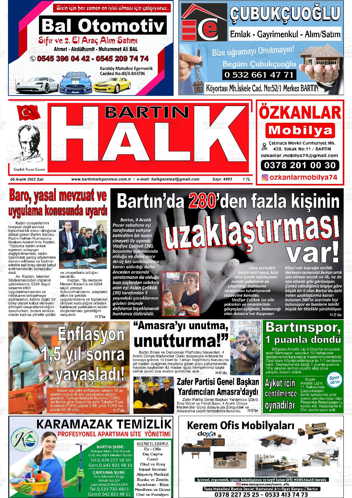 06 Aralık 2022 Bartın Halk Gazete Manşeti