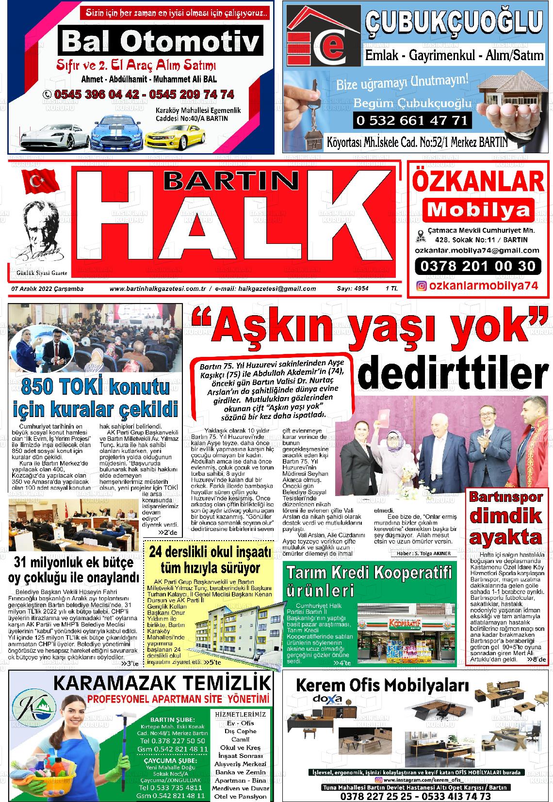 07 Aralık 2022 Bartın Halk Gazete Manşeti