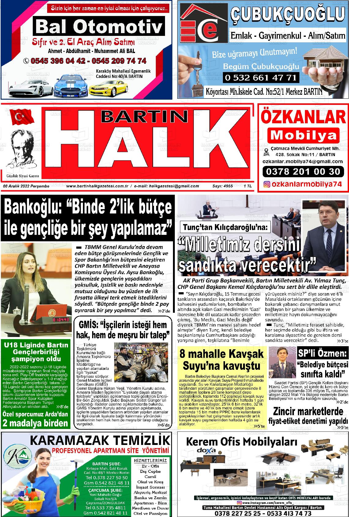08 Aralık 2022 Bartın Halk Gazete Manşeti