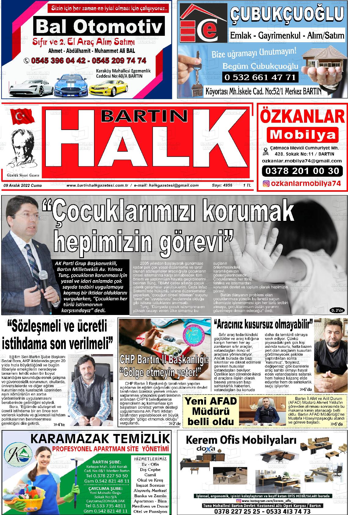 09 Aralık 2022 Bartın Halk Gazete Manşeti