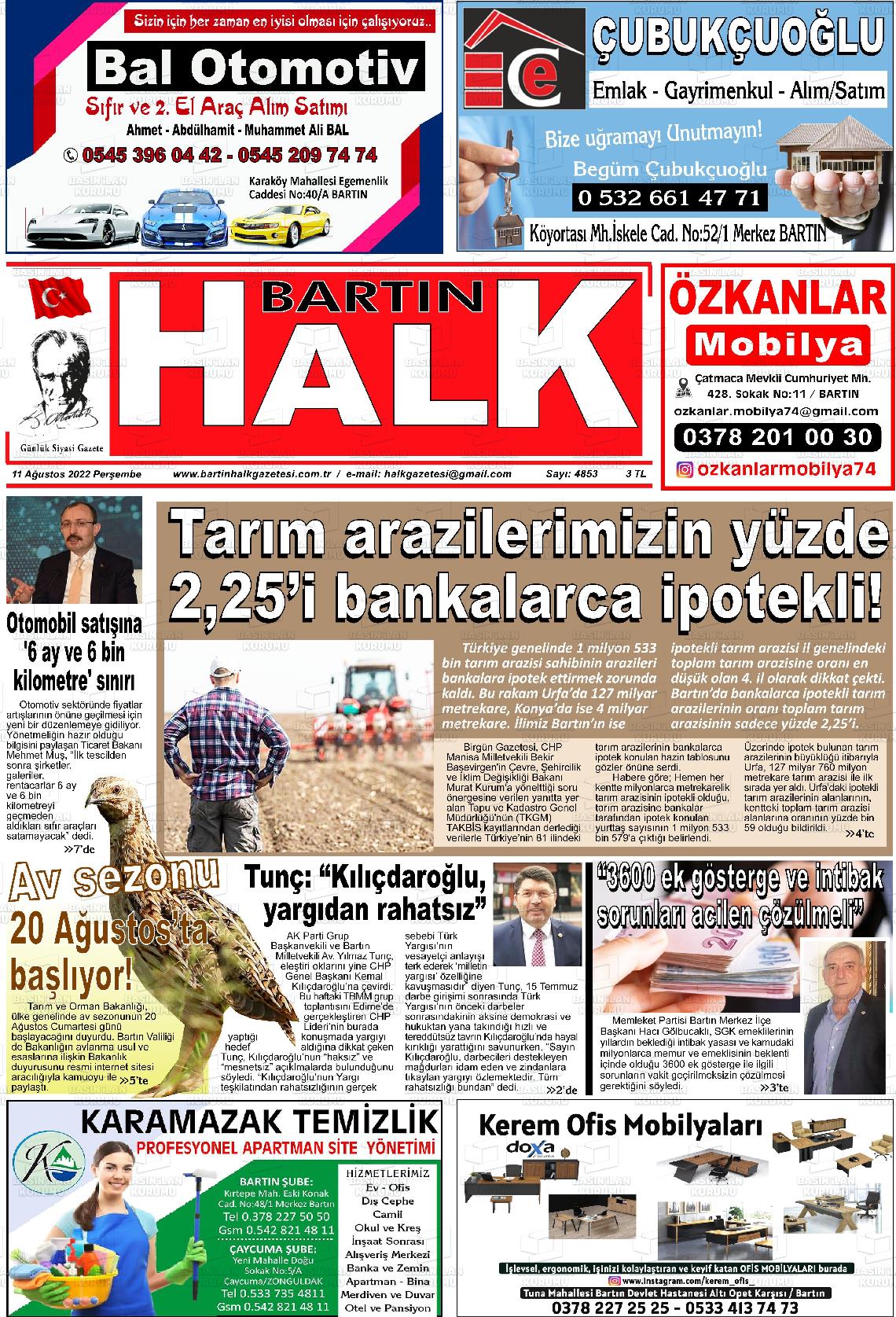 11 Ağustos 2022 Bartın Halk Gazete Manşeti