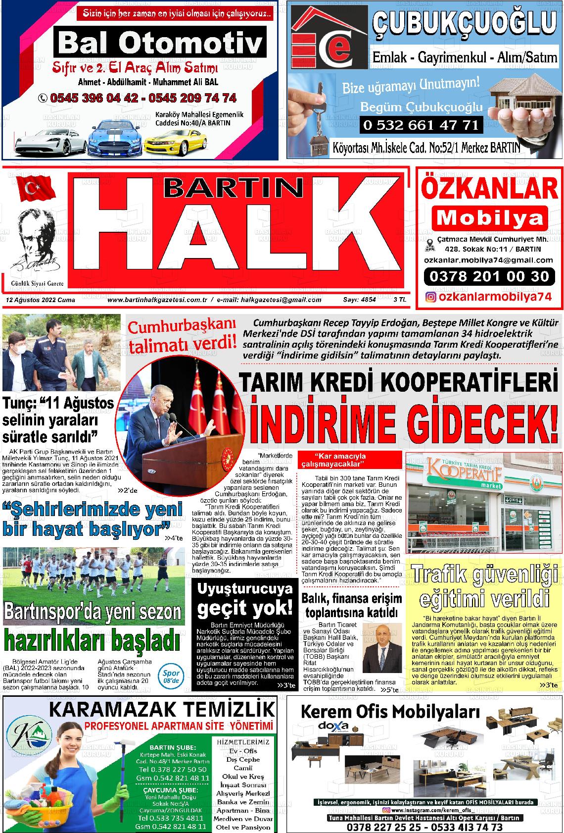 12 Ağustos 2022 Bartın Halk Gazete Manşeti