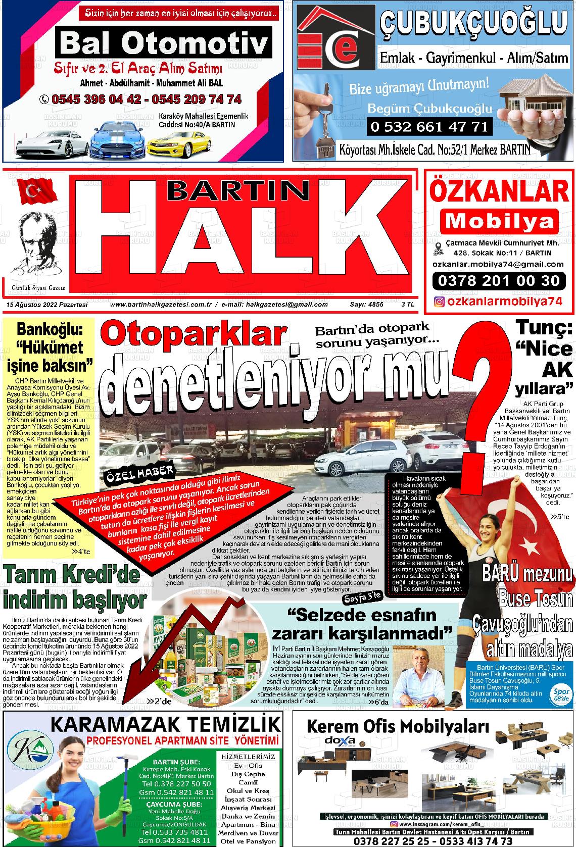 15 Ağustos 2022 Bartın Halk Gazete Manşeti