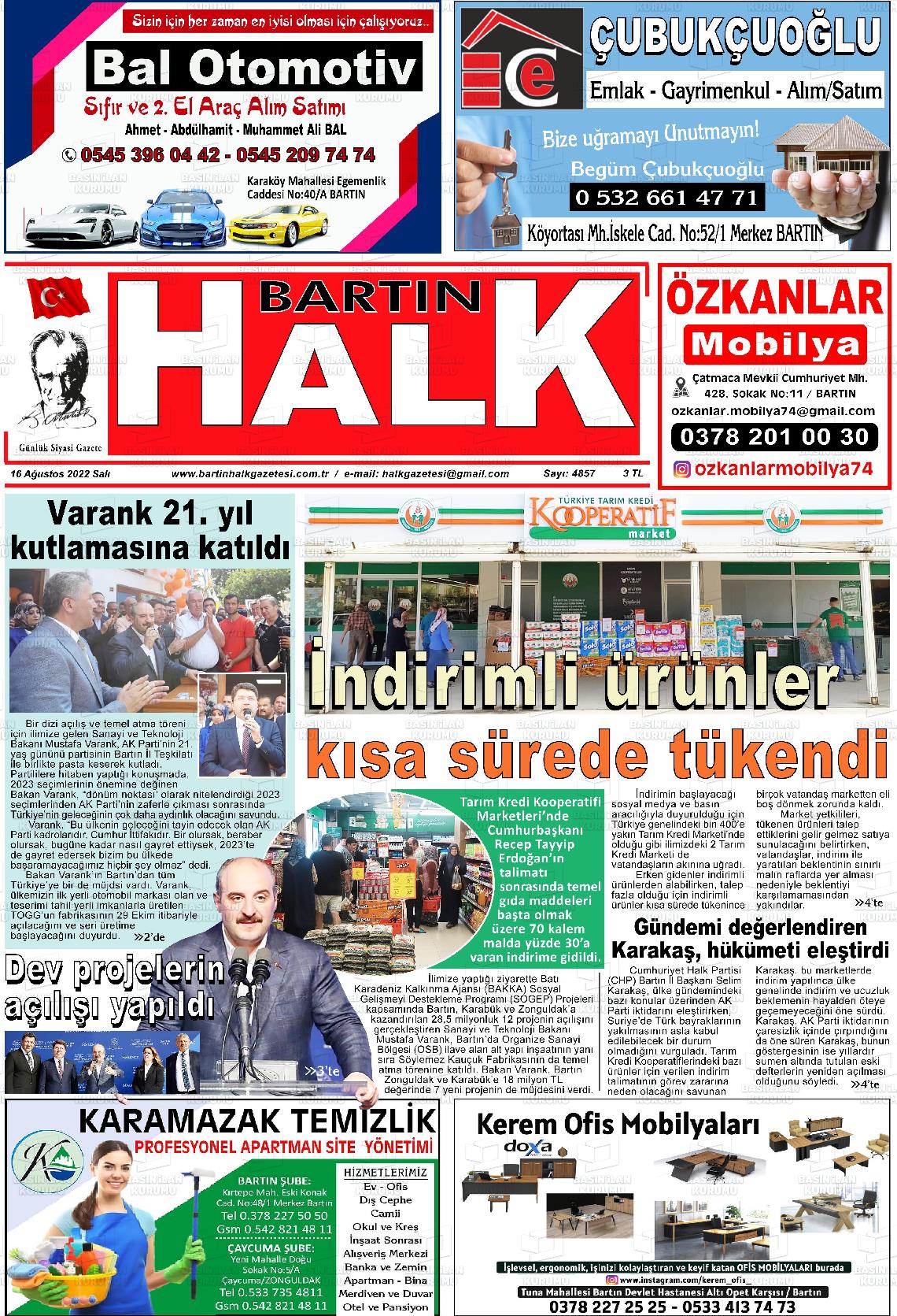 16 Ağustos 2022 Bartın Halk Gazete Manşeti