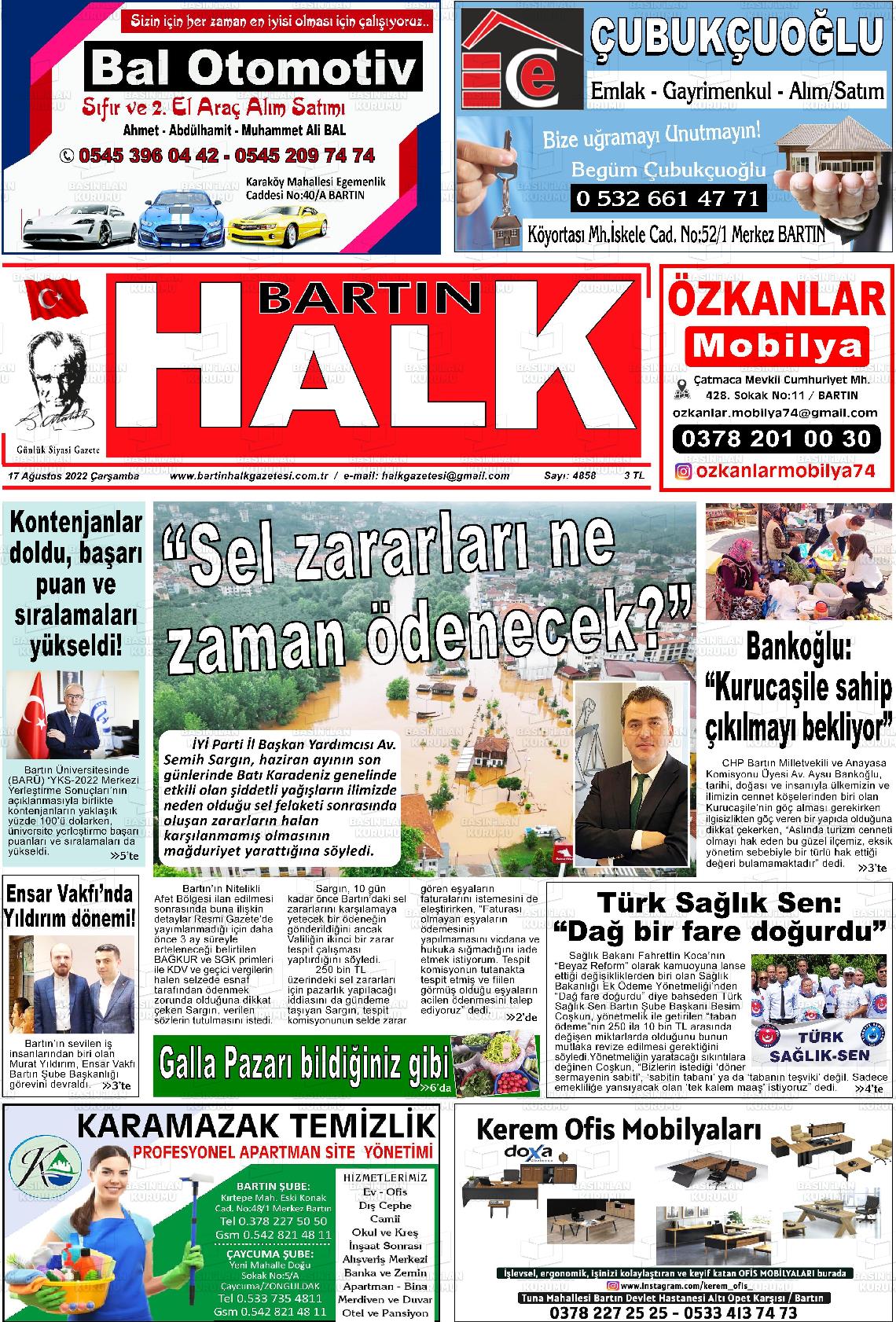 17 Ağustos 2022 Bartın Halk Gazete Manşeti