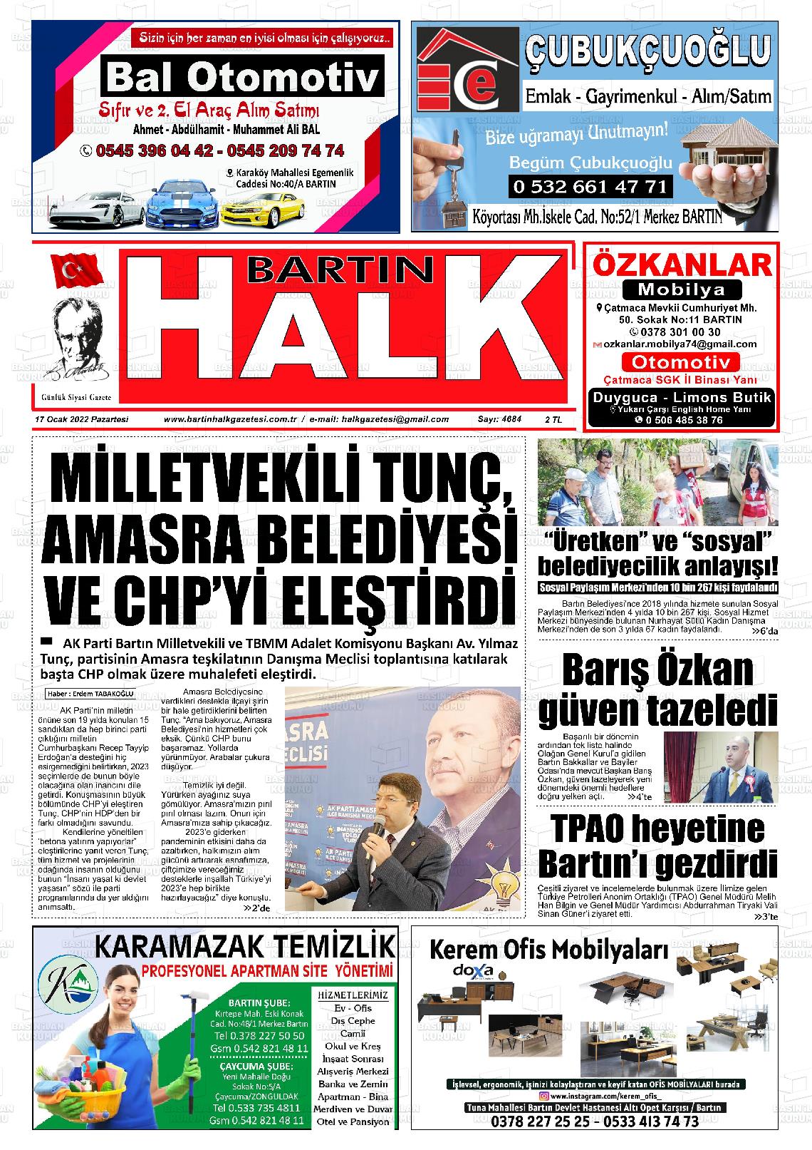 17 Ocak 2022 Bartın Halk Gazete Manşeti