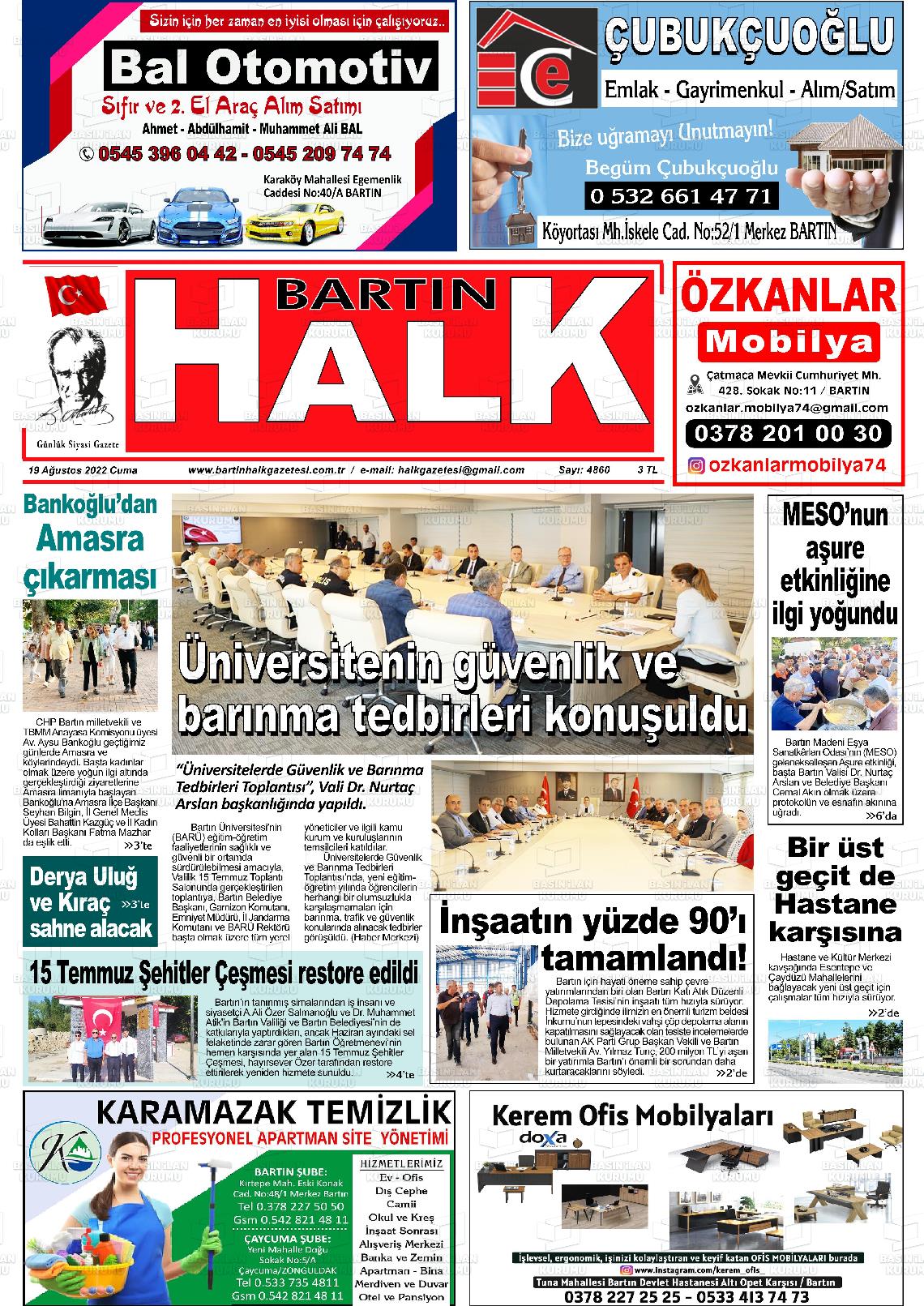 19 Ağustos 2022 Bartın Halk Gazete Manşeti