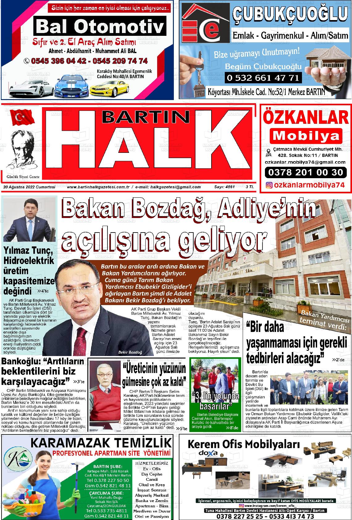 20 Ağustos 2022 Bartın Halk Gazete Manşeti