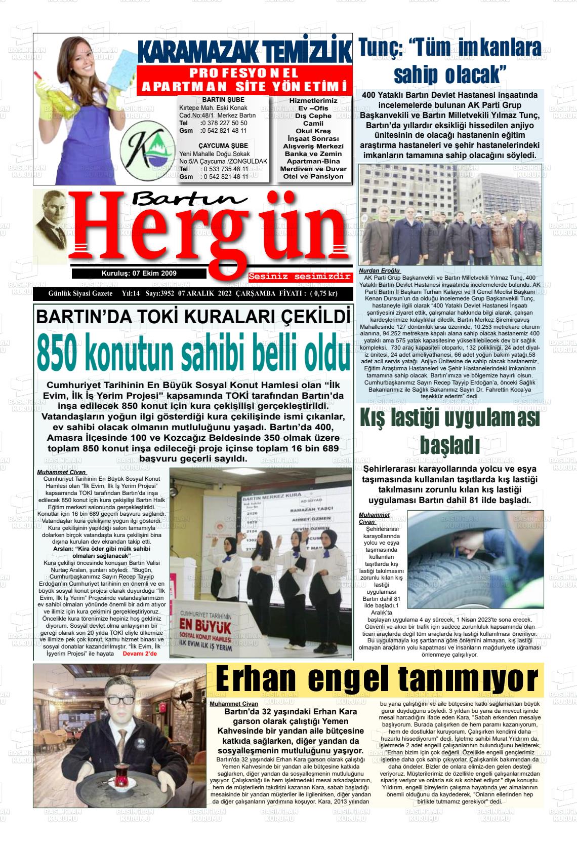 07 Aralık 2022 Bartın Hergün Gazete Manşeti