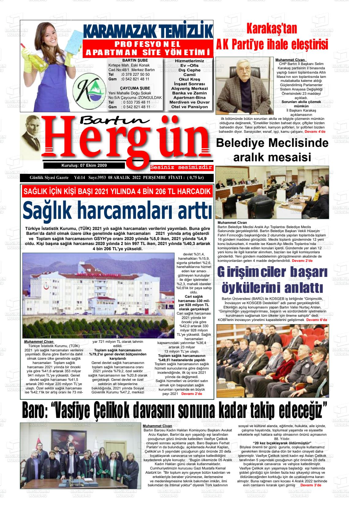 08 Aralık 2022 Bartın Hergün Gazete Manşeti
