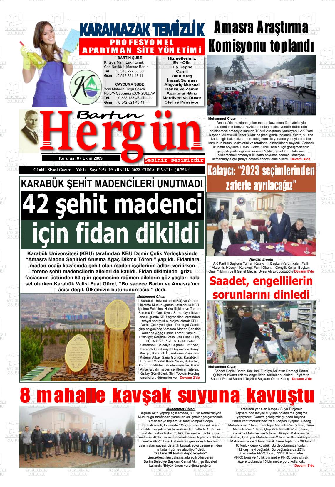 09 Aralık 2022 Bartın Hergün Gazete Manşeti