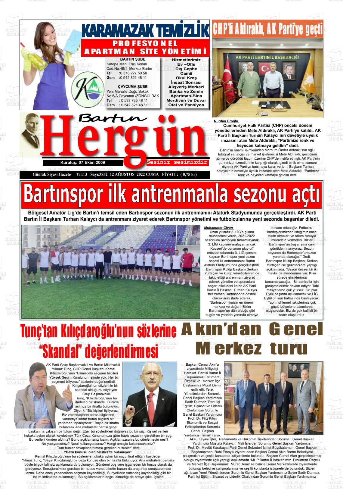 12 Ağustos 2022 Bartın Hergün Gazete Manşeti