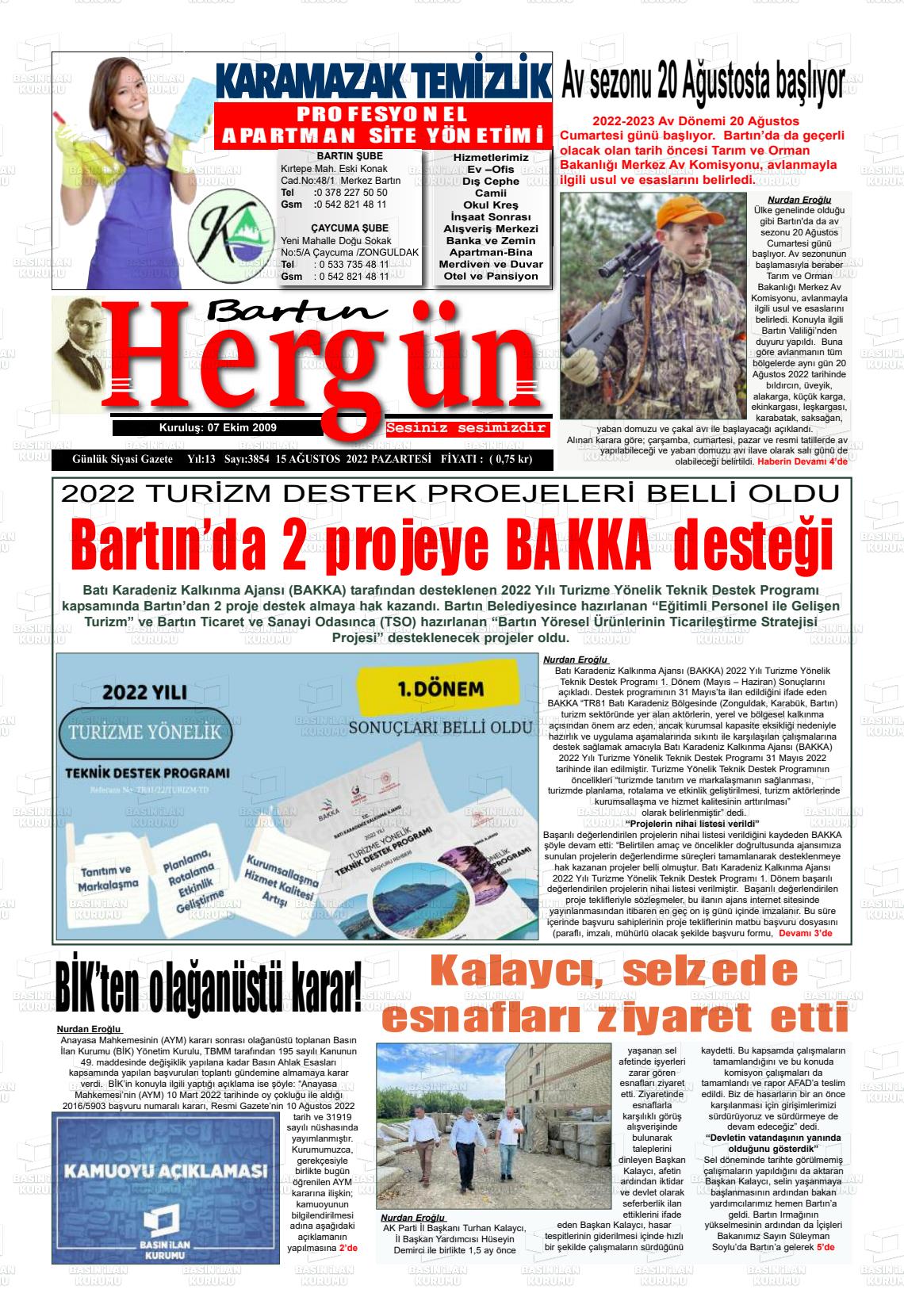 15 Ağustos 2022 Bartın Hergün Gazete Manşeti