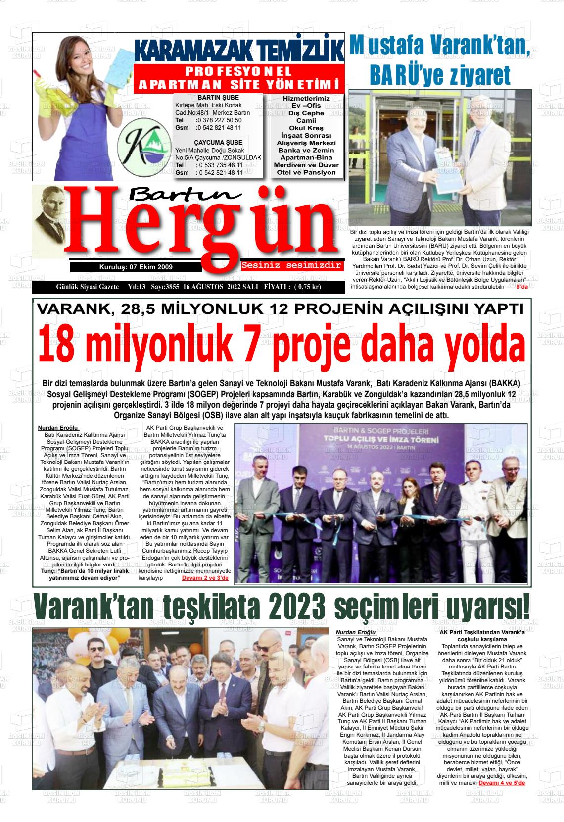16 Ağustos 2022 Bartın Hergün Gazete Manşeti