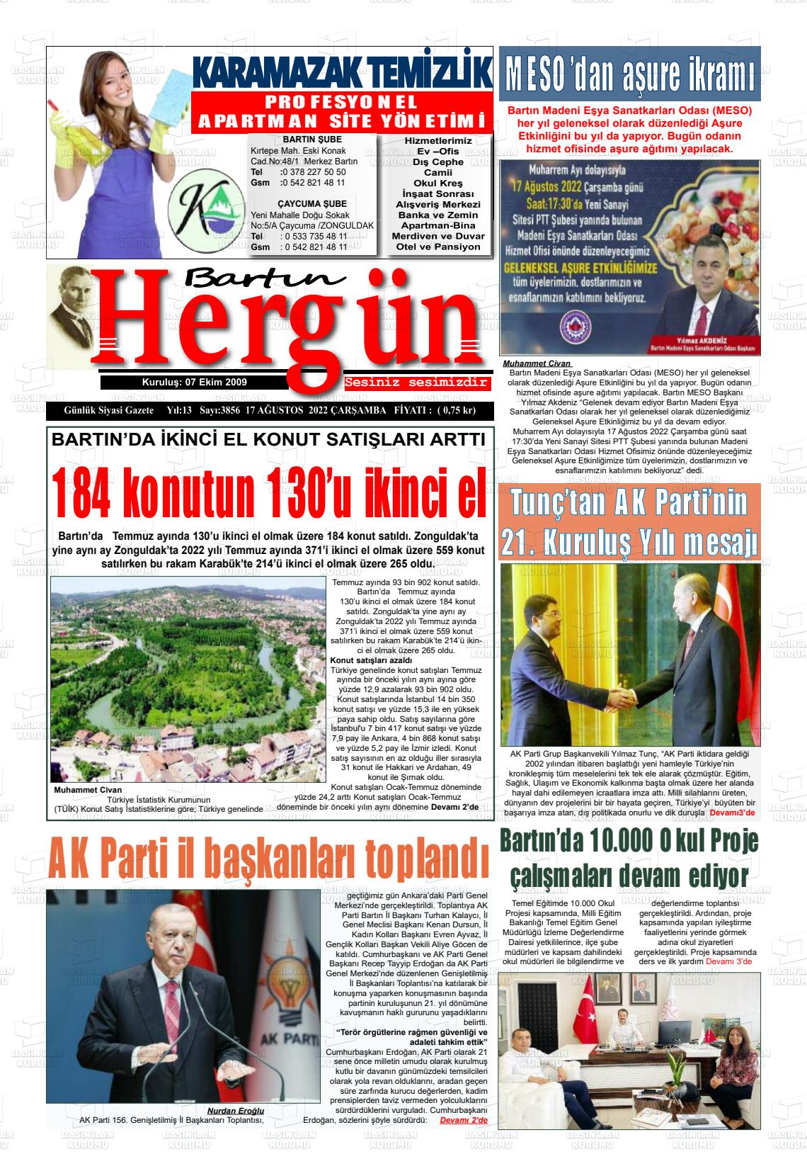 17 Ağustos 2022 Bartın Hergün Gazete Manşeti