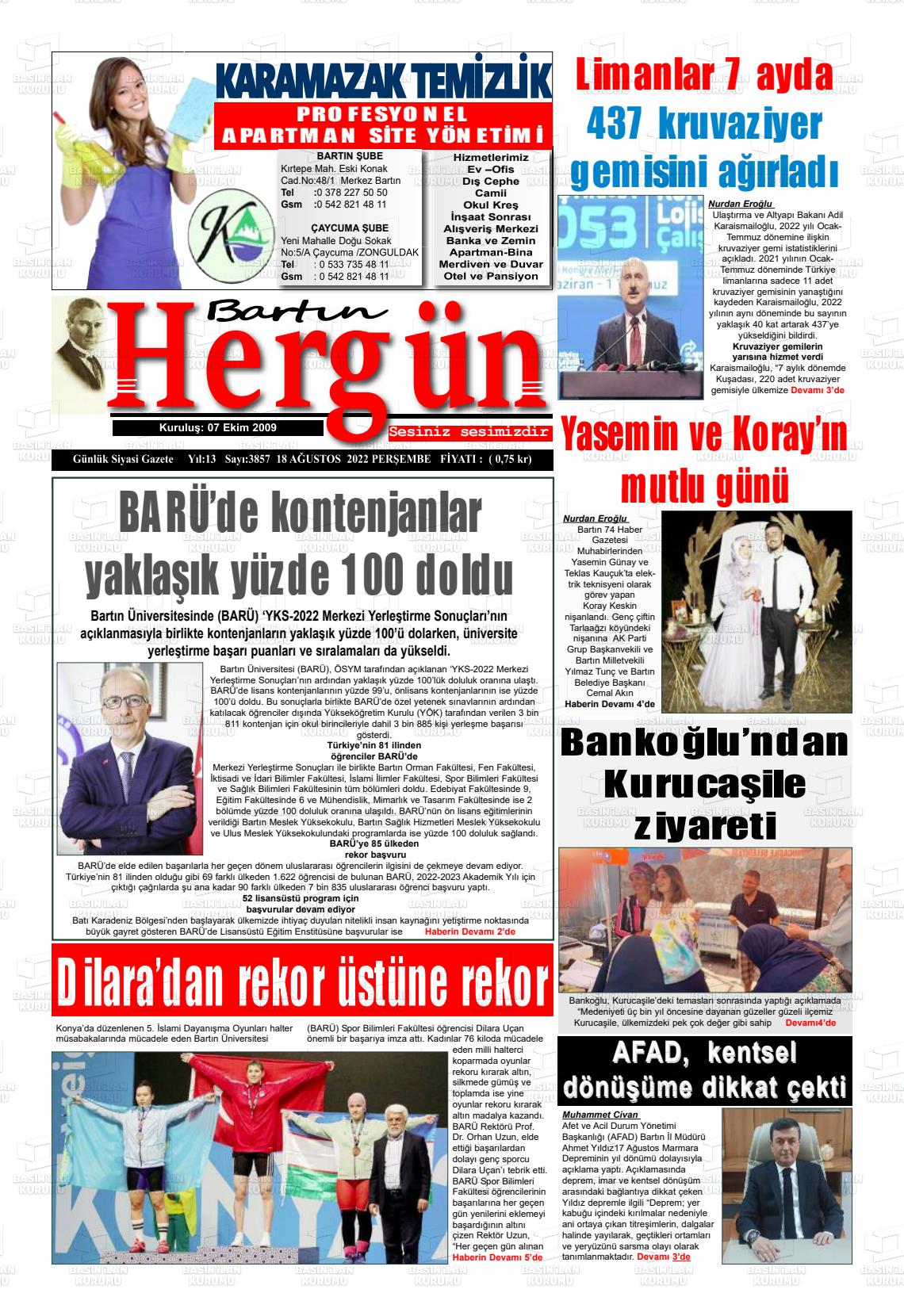 18 Ağustos 2022 Bartın Hergün Gazete Manşeti