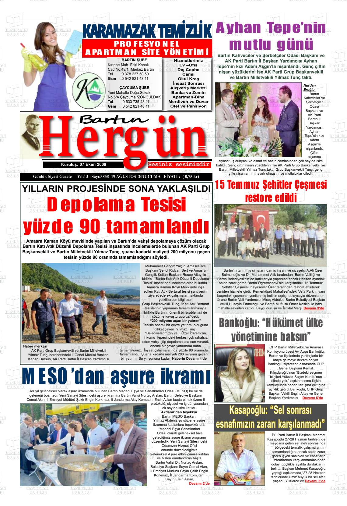 19 Ağustos 2022 Bartın Hergün Gazete Manşeti