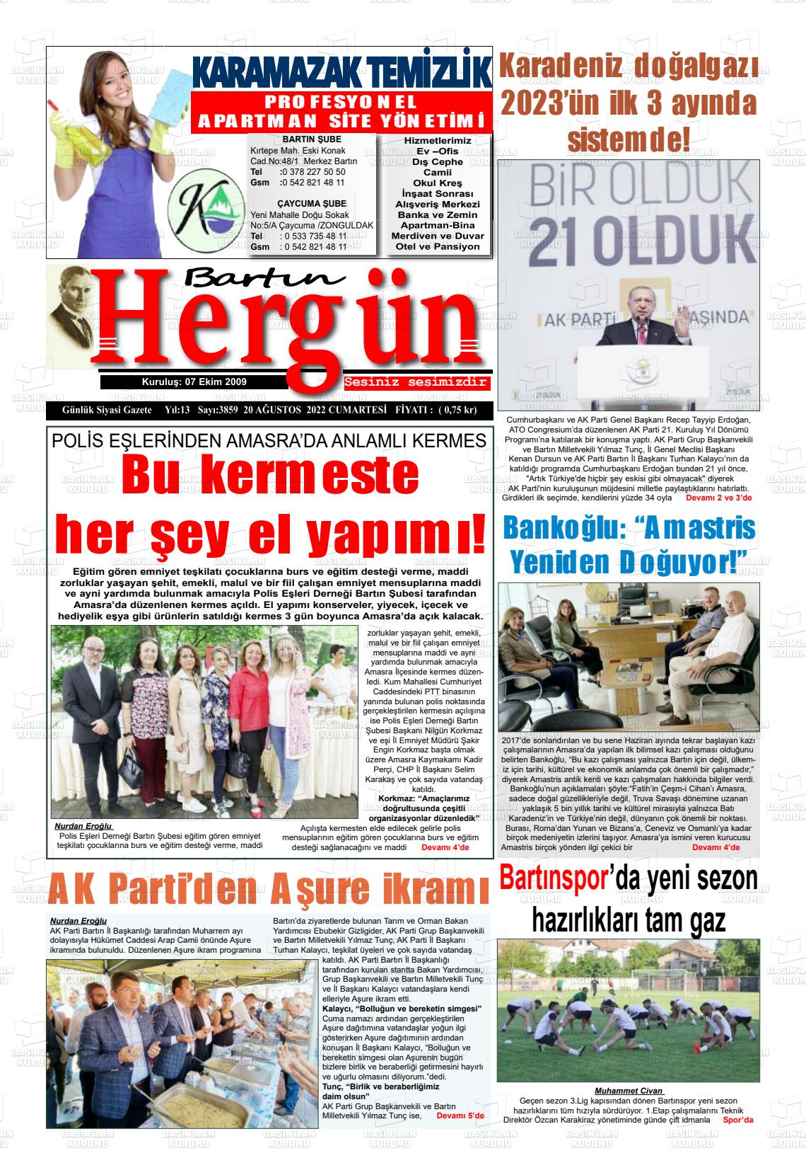 20 Ağustos 2022 Bartın Hergün Gazete Manşeti