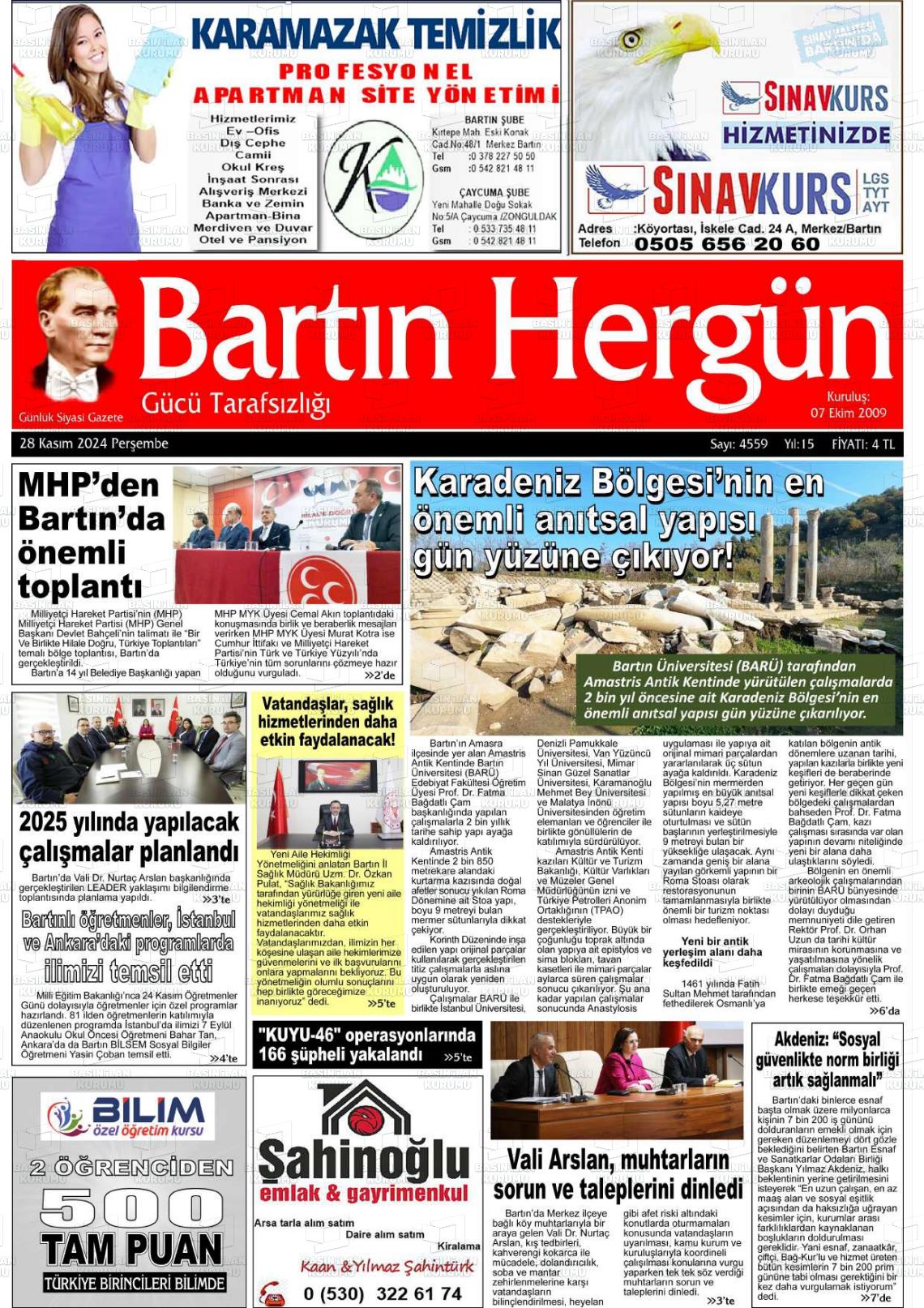 26 Ocak 2025 Bartın Hergün Gazete Manşeti