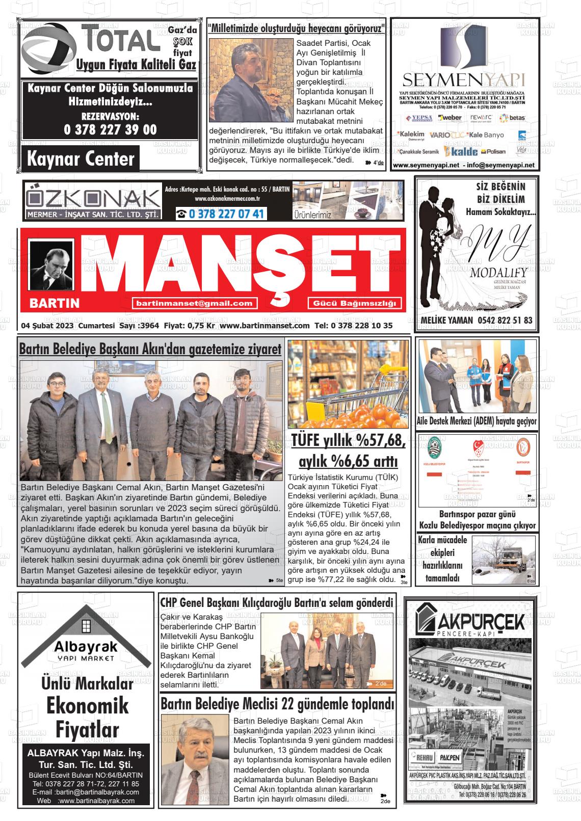 04 Şubat 2023 Bartın Manşet Gazete Manşeti