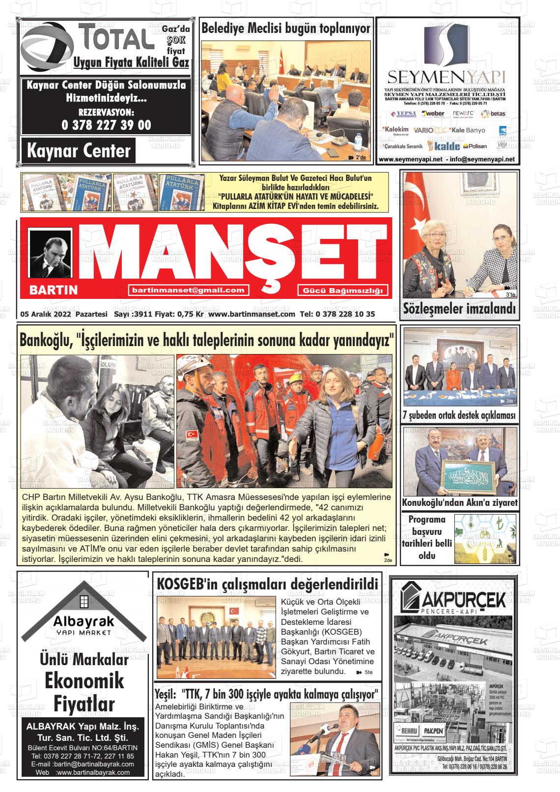 05 Aralık 2022 Bartın Manşet Gazete Manşeti