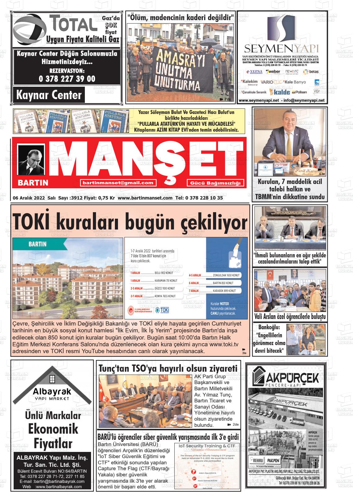 06 Aralık 2022 Bartın Manşet Gazete Manşeti