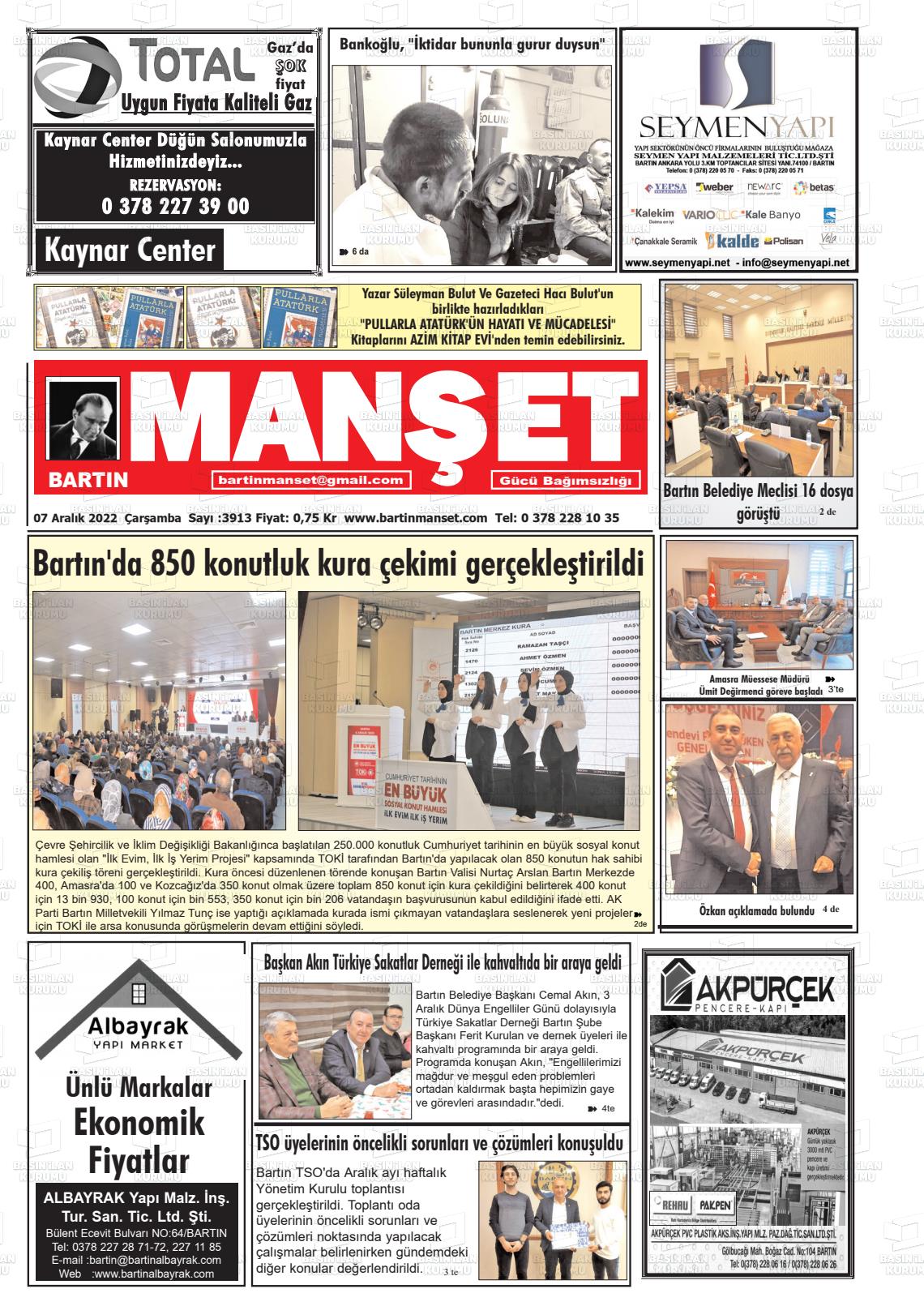 07 Aralık 2022 Bartın Manşet Gazete Manşeti