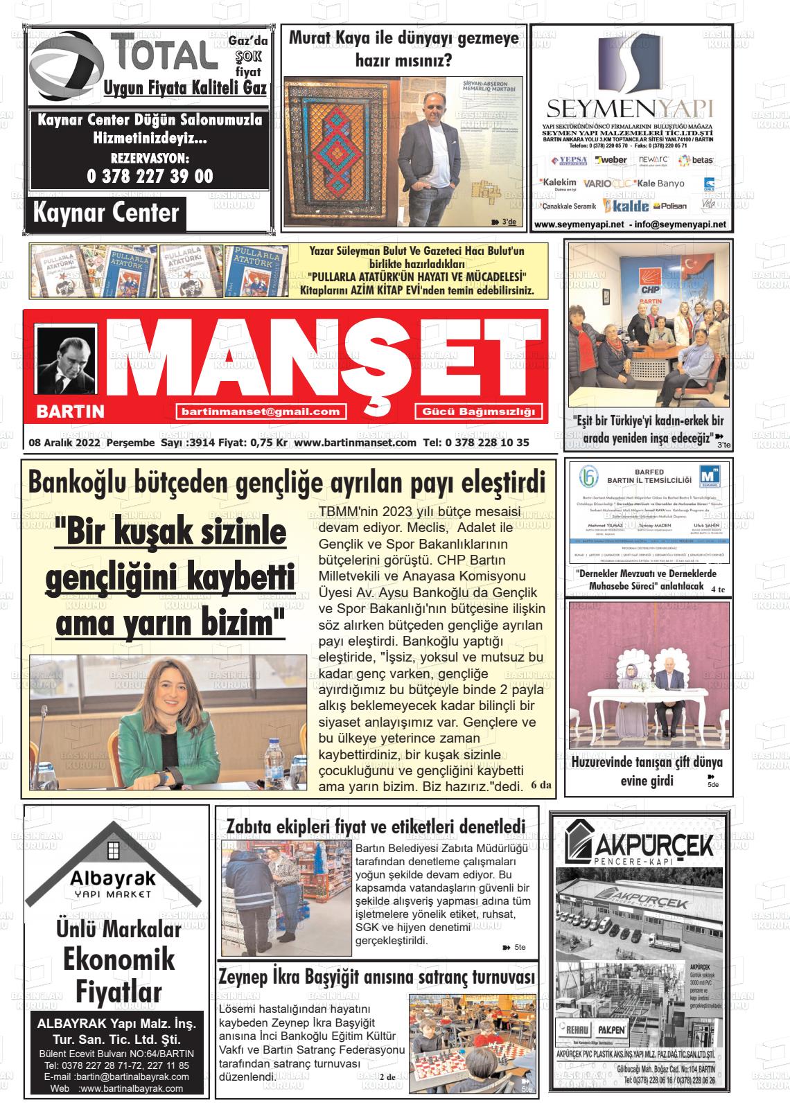 08 Aralık 2022 Bartın Manşet Gazete Manşeti