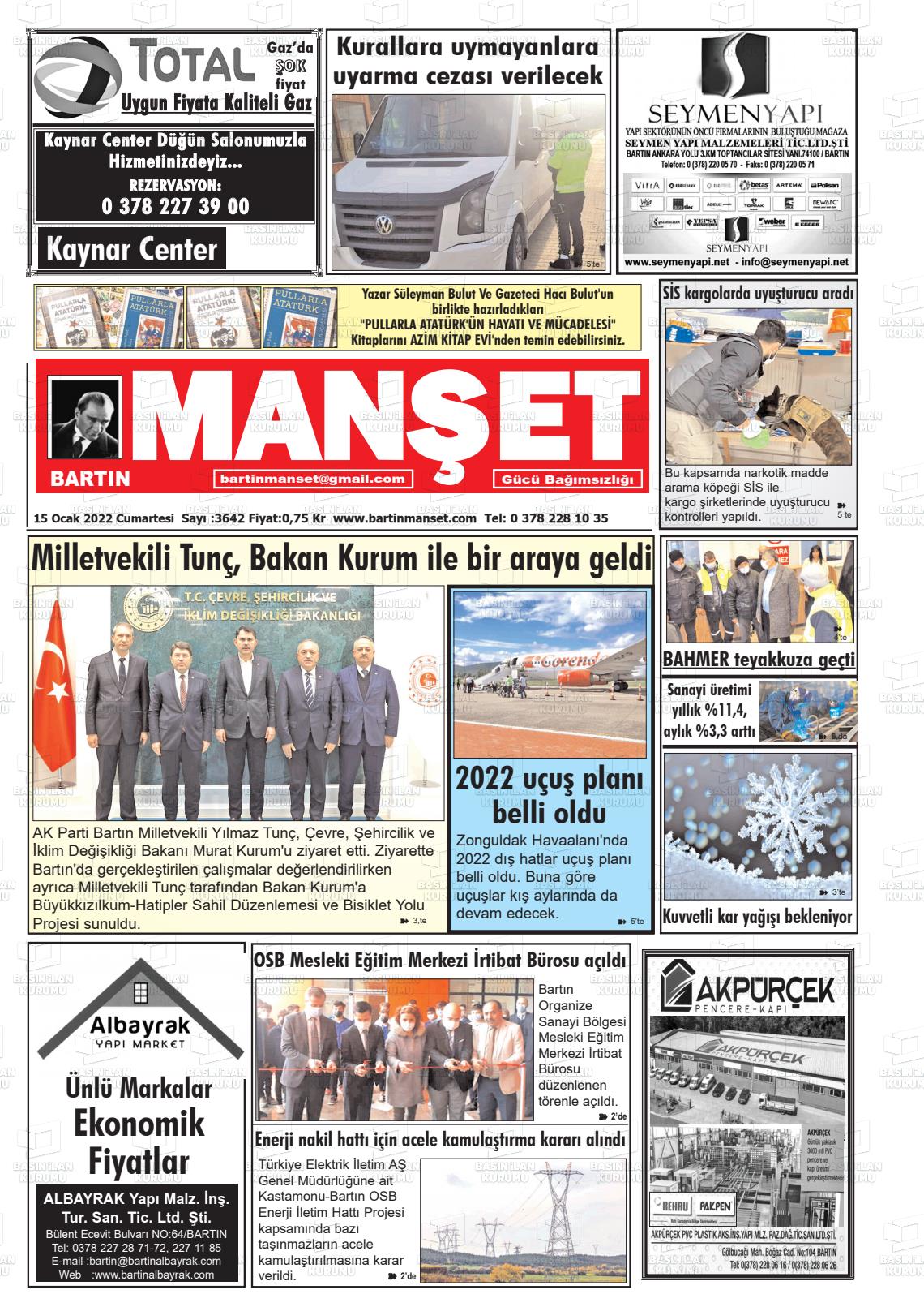 15 Ocak 2022 Bartın Manşet Gazete Manşeti