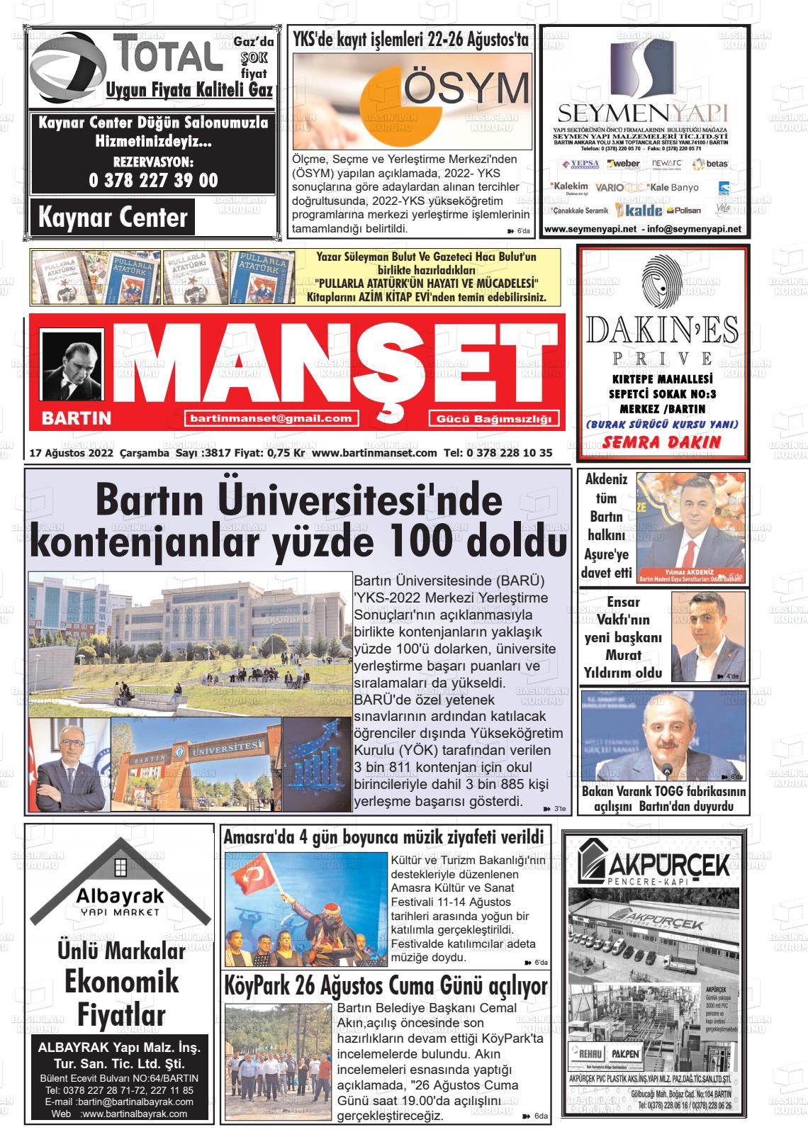 17 Ağustos 2022 Bartın Manşet Gazete Manşeti