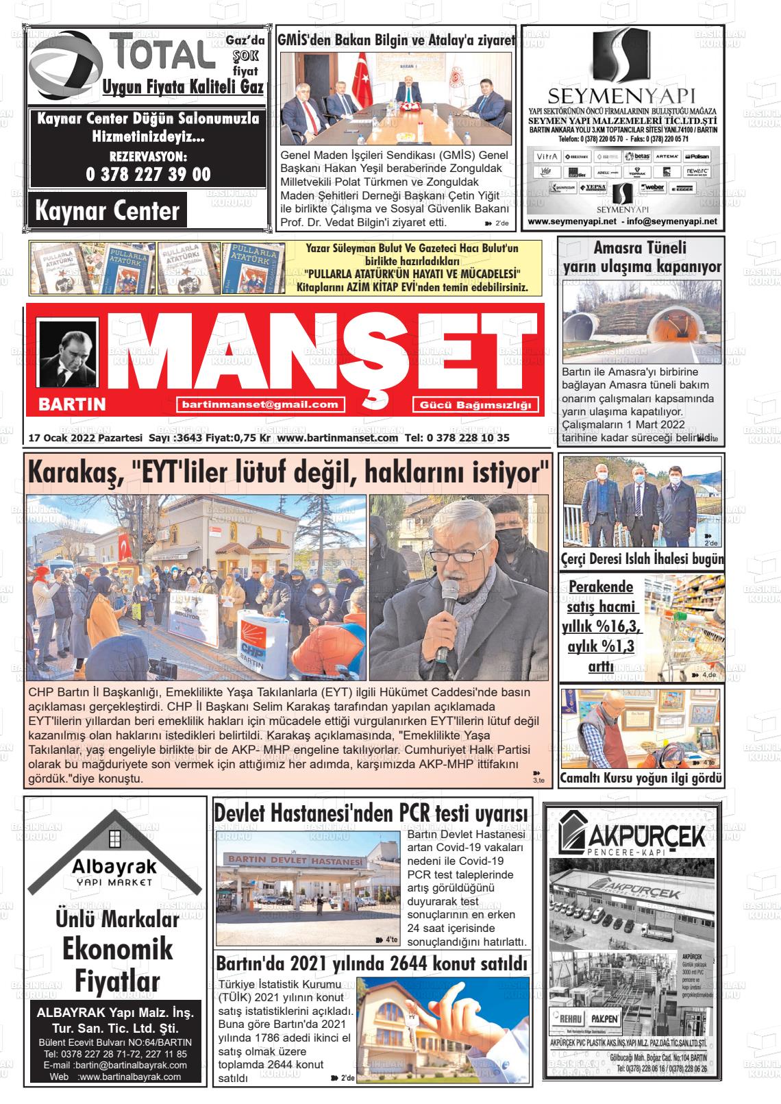 17 Ocak 2022 Bartın Manşet Gazete Manşeti