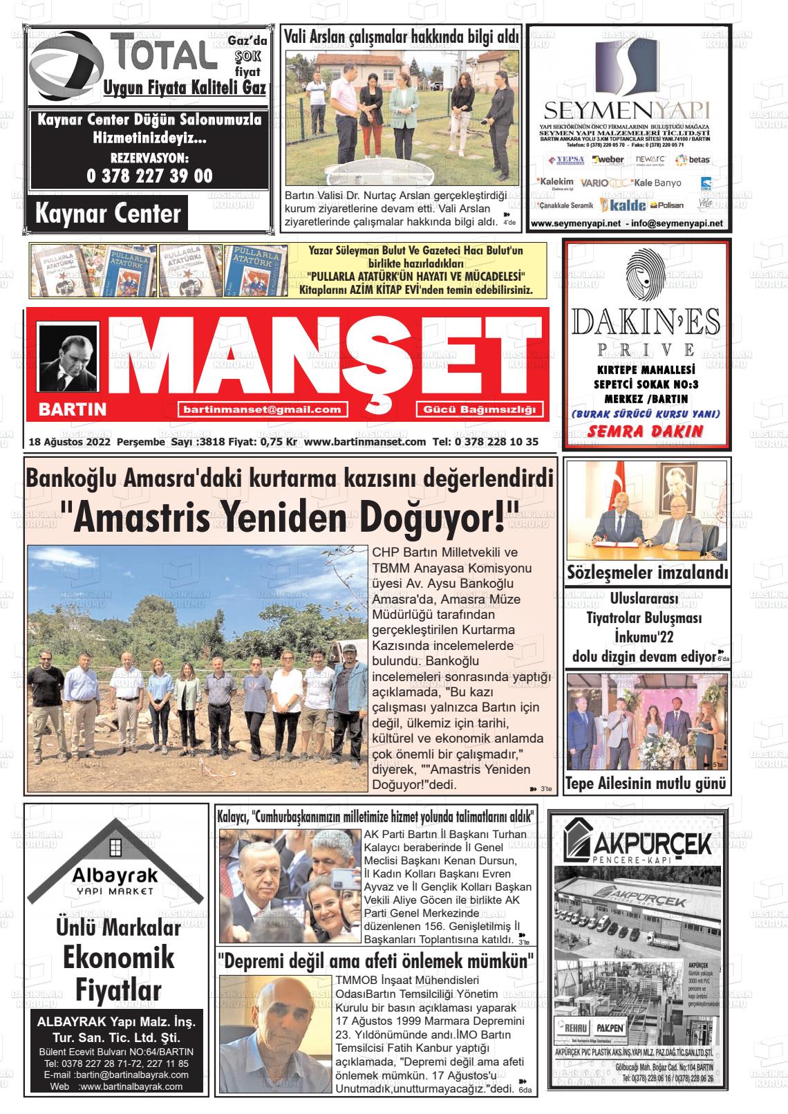 18 Ağustos 2022 Bartın Manşet Gazete Manşeti