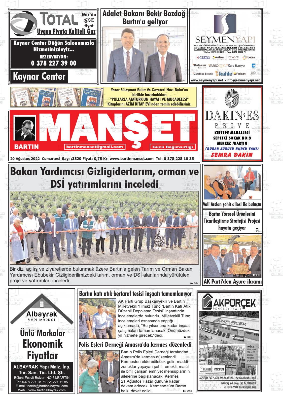 20 Ağustos 2022 Bartın Manşet Gazete Manşeti